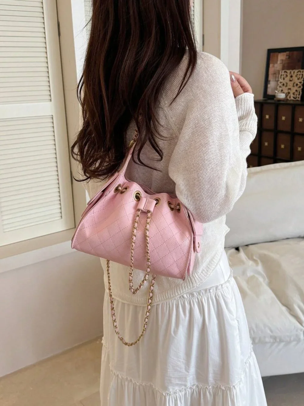 Pink Casual Women's Rhombus Embroidery Small Square Crossbody Bag